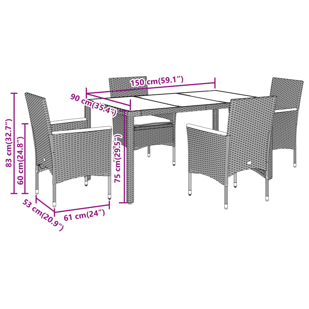 5-delige Tuinset met kussens poly rattan en glas grijs