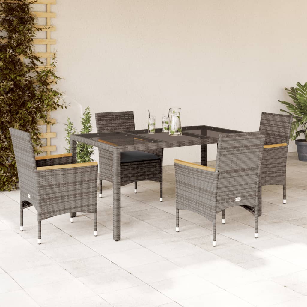 5-delige Tuinset met kussens poly rattan en glas grijs