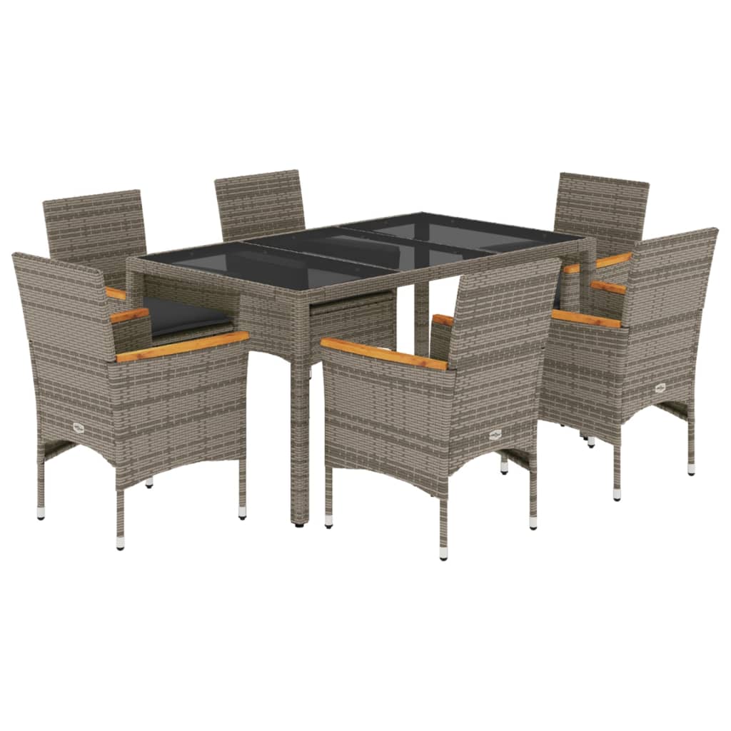 7-delige Tuinset met kussens poly rattan en glas grijs