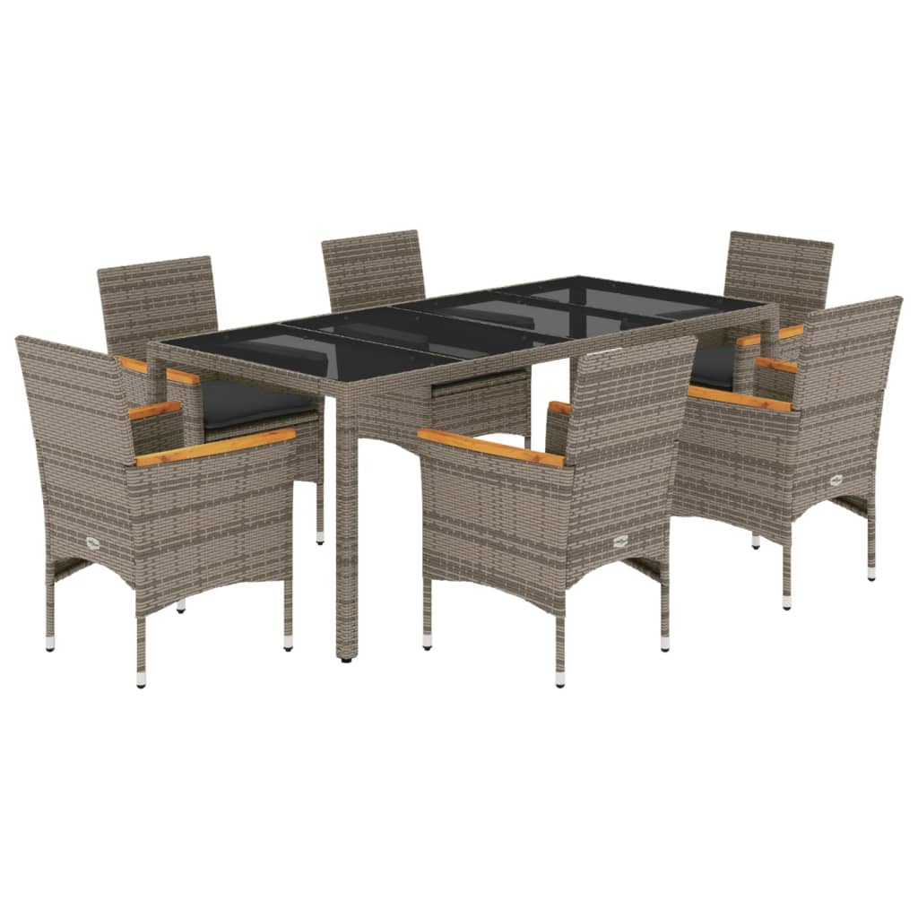 7-delige Tuinset met kussens poly rattan en glas grijs