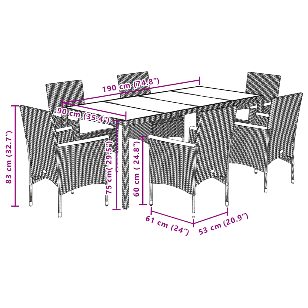 7-delige Tuinset met kussens poly rattan en glas grijs