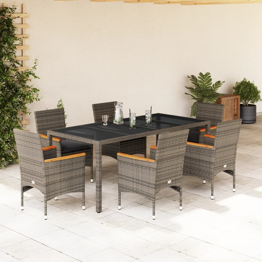 7-delige Tuinset met kussens poly rattan en glas grijs