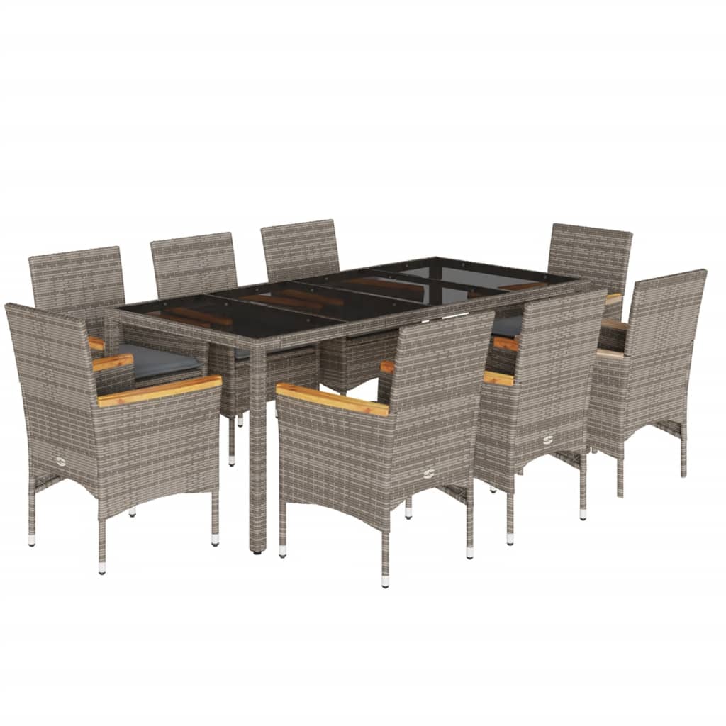 9-delige Tuinset met kussens poly rattan en glas grijs