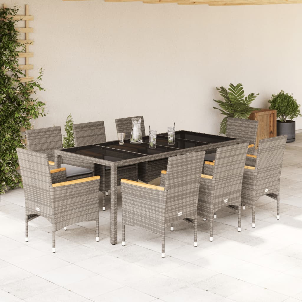 9-delige Tuinset met kussens poly rattan en glas grijs