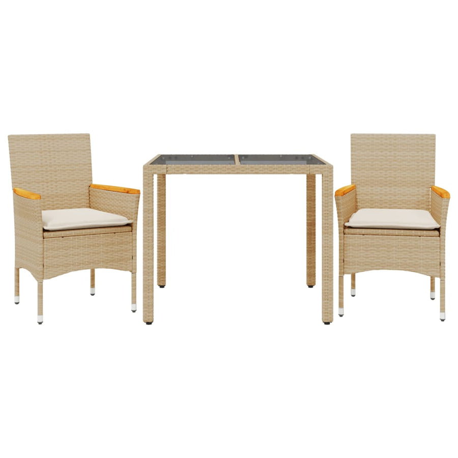 3-delige Tuinset met kussens poly rattan en glas beige