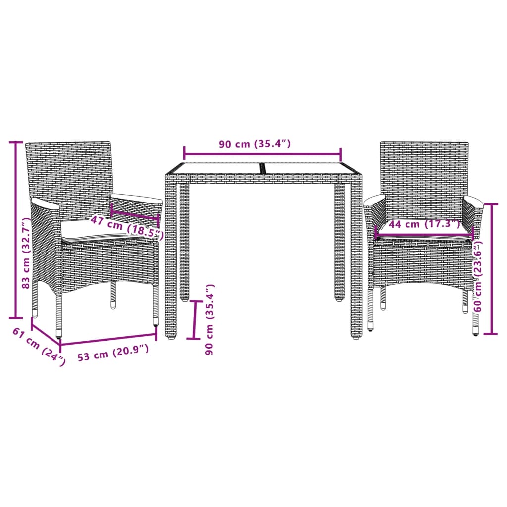 3-delige Tuinset met kussens poly rattan en glas beige