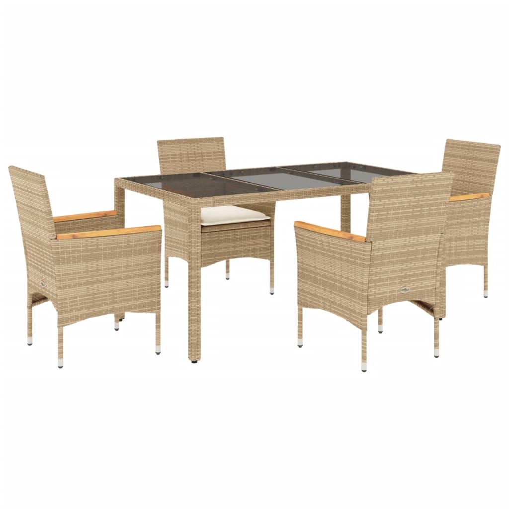 5-delige Tuinset met kussens poly rattan en glas beige