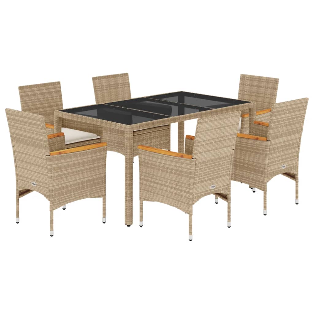 7-delige Tuinset met kussens poly rattan en glas beige