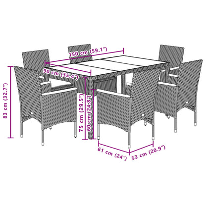 7-delige Tuinset met kussens poly rattan en glas beige