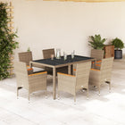 7-Piece Garden Dining Set with Cushions Poly Rattan and Glass Beige