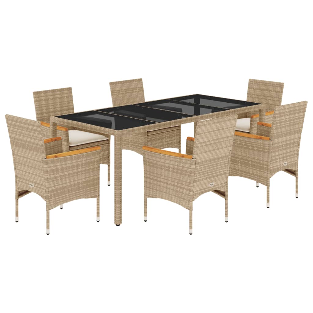 7-delige Tuinset met kussens poly rattan en glas beige