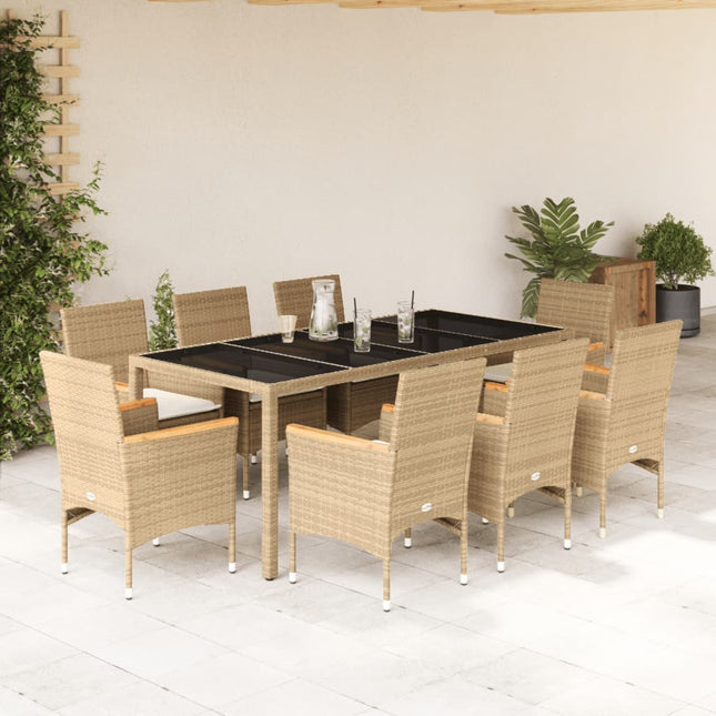 9-delige Tuinset met kussens poly rattan en glas beige