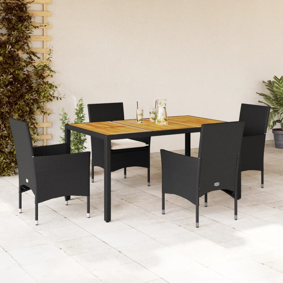 5-delige Tuinset met kussens poly rattan en acaciahout zwart