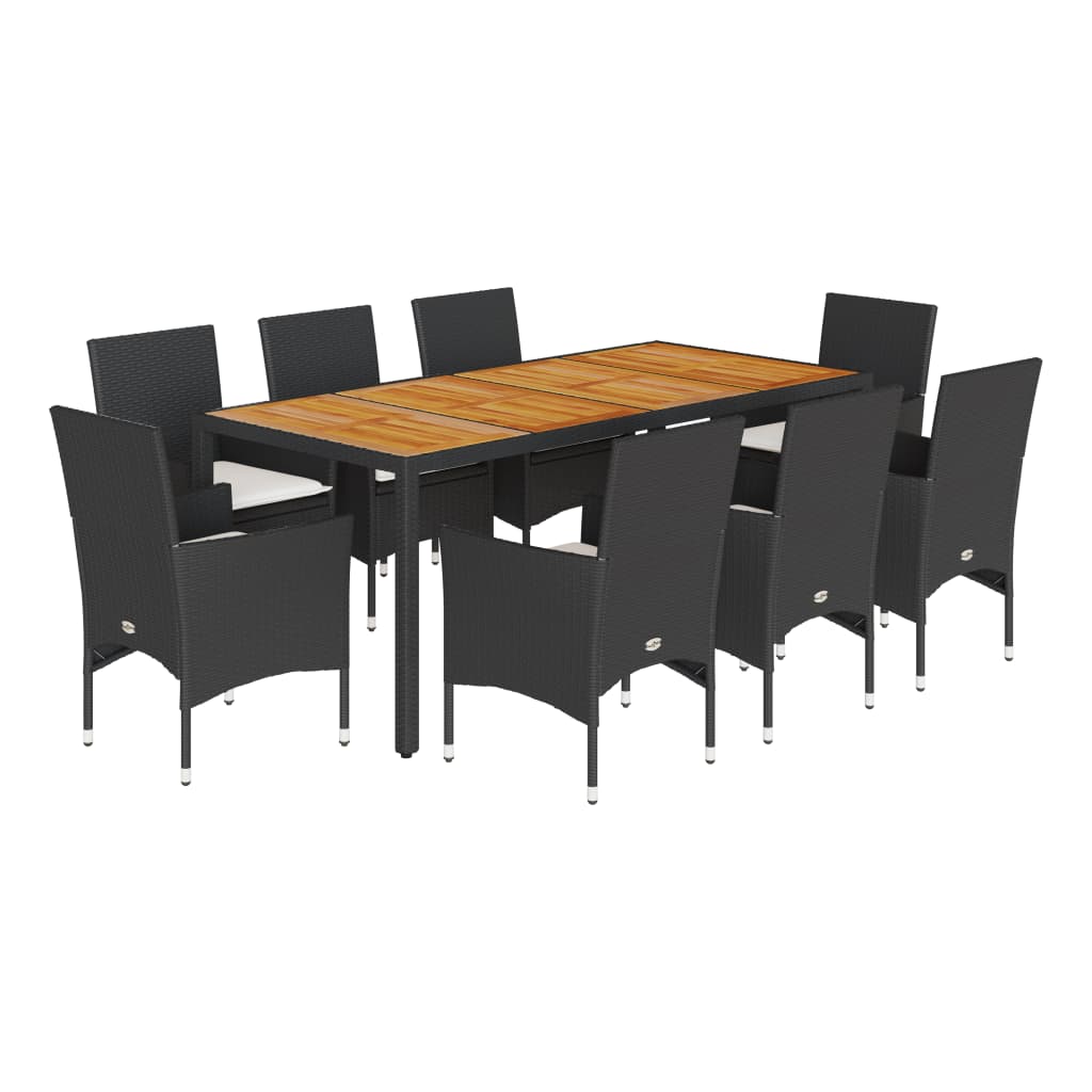 9-delige Tuinset met kussens poly rattan en acaciahout zwart