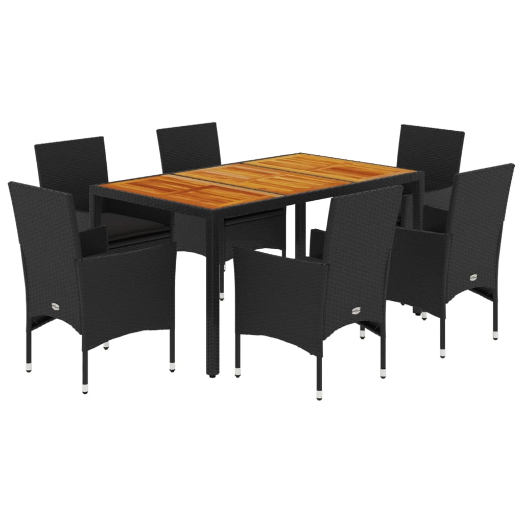7-delige Tuinset met kussens poly rattan en acaciahout zwart