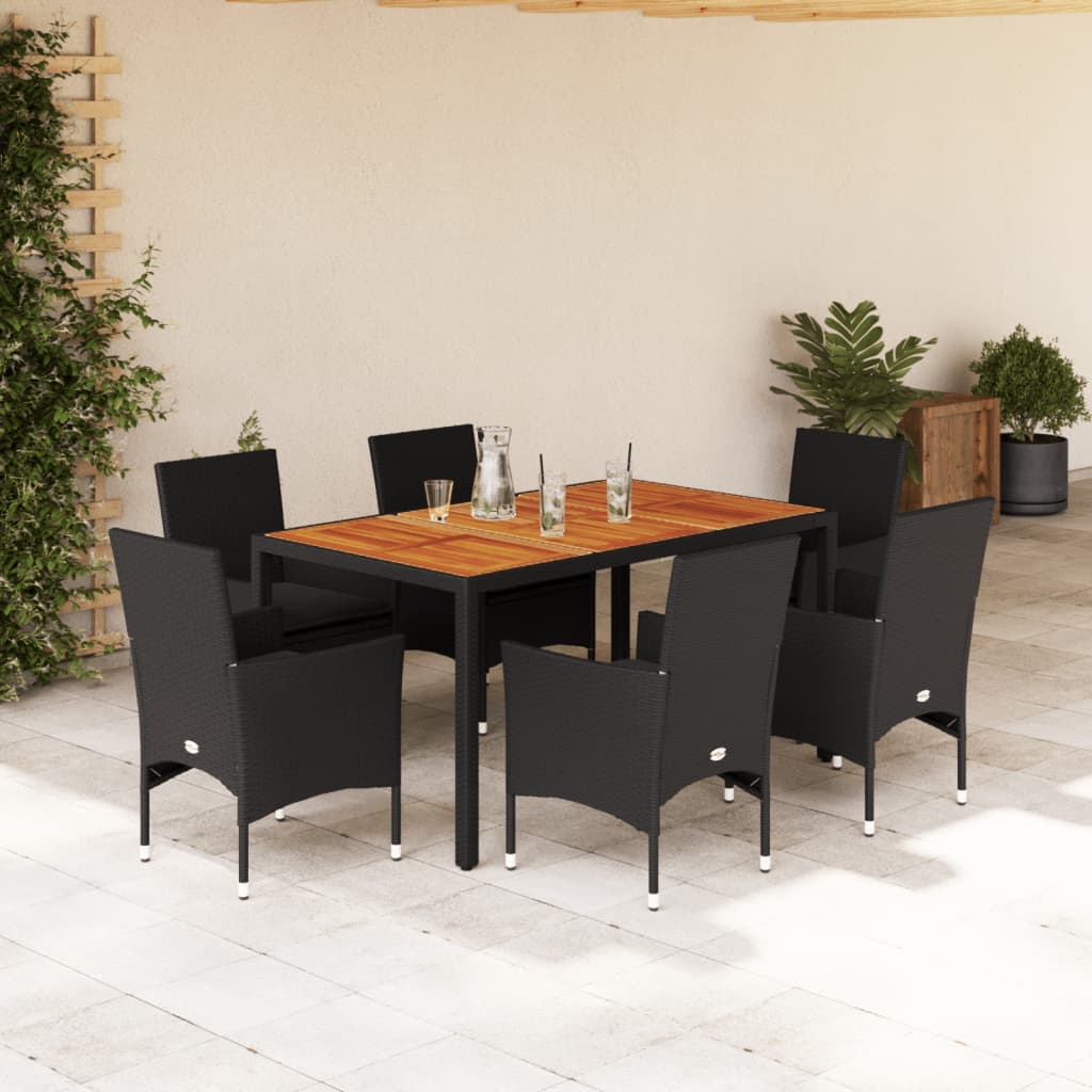 7-delige Tuinset met kussens poly rattan en acaciahout zwart
