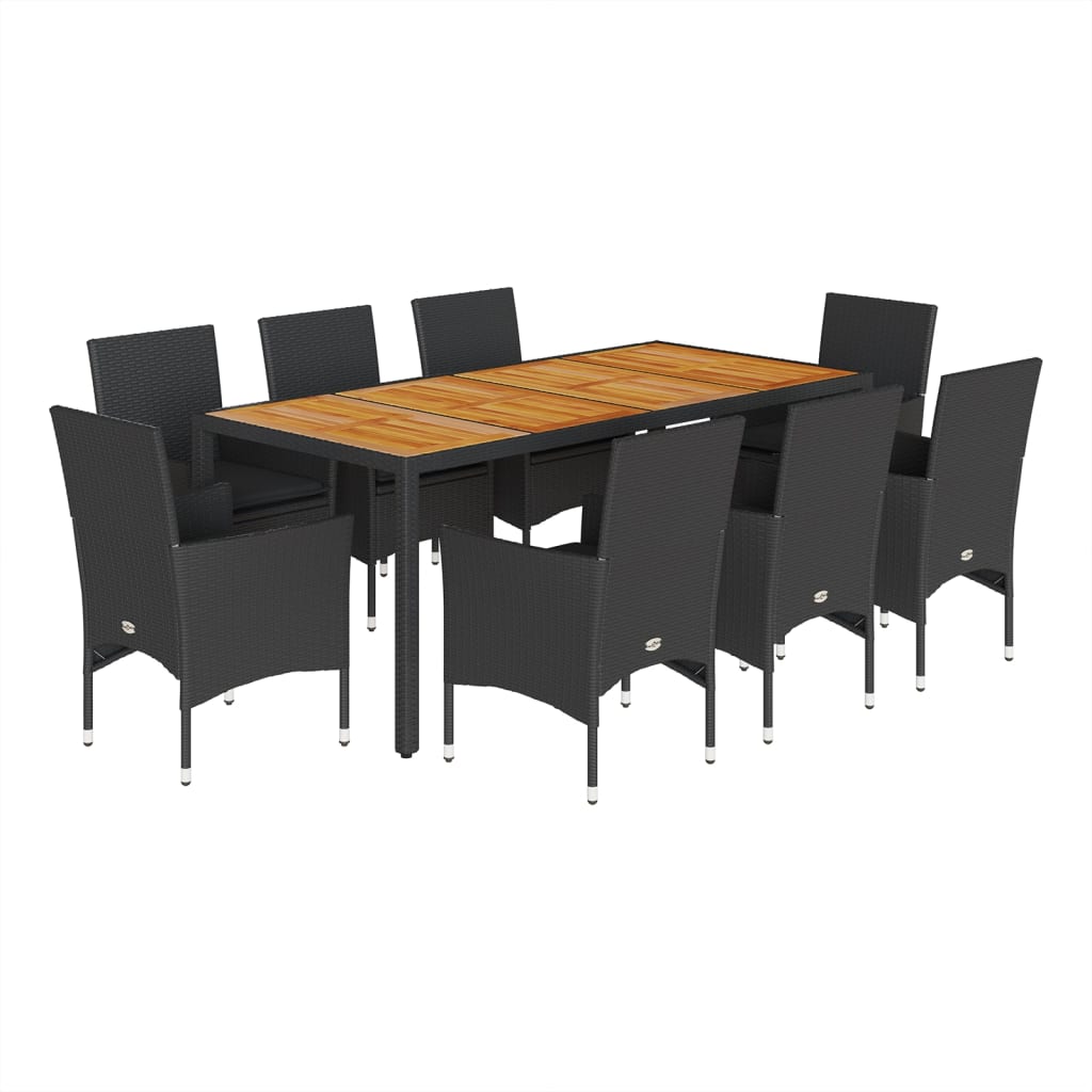 9-delige Tuinset met kussens poly rattan en acaciahout zwart