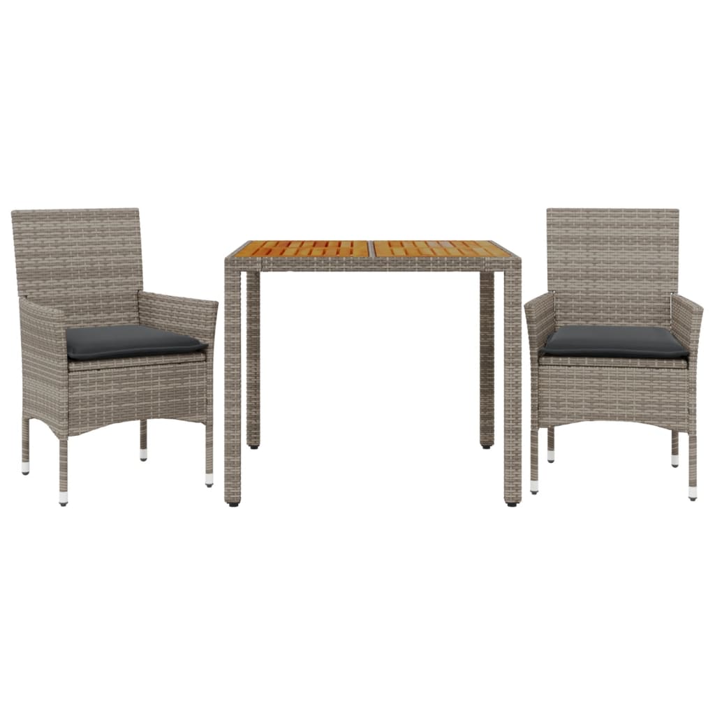 3-delige Tuinset met kussens poly rattan en acaciahout grijs