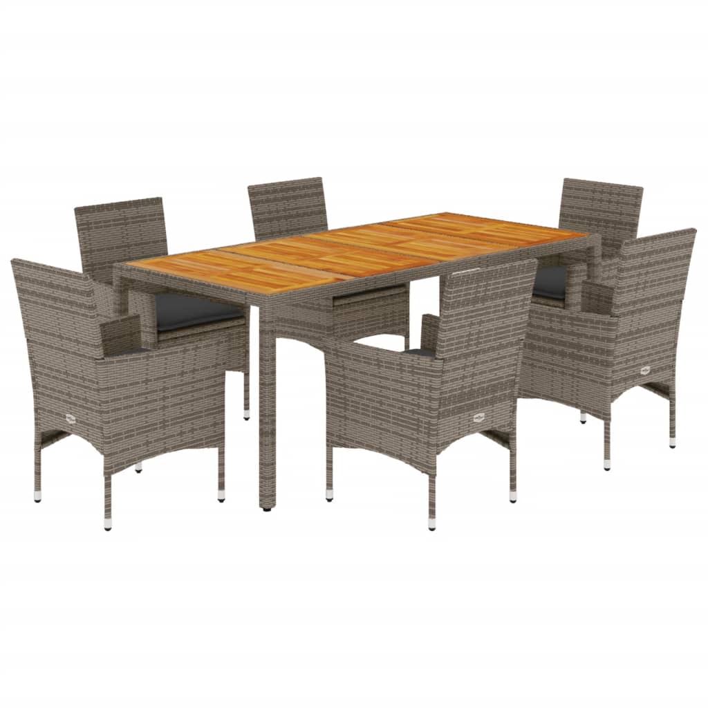 7-delige Tuinset met kussens poly rattan en acaciahout grijs