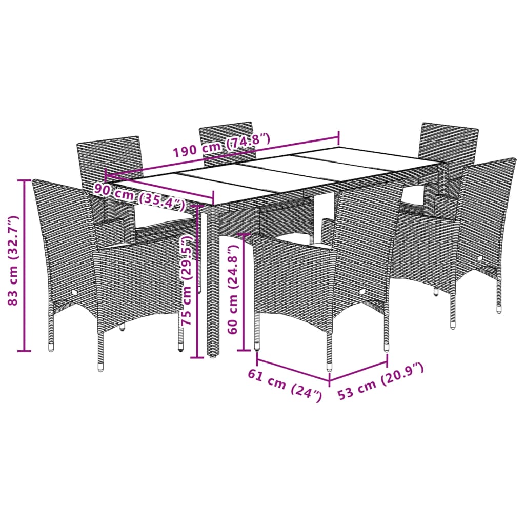 7-delige Tuinset met kussens poly rattan en acaciahout grijs