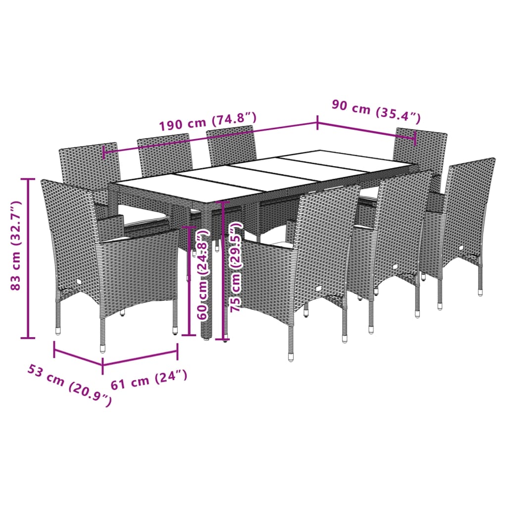 9-delige Tuinset met kussens poly rattan en acaciahout grijs