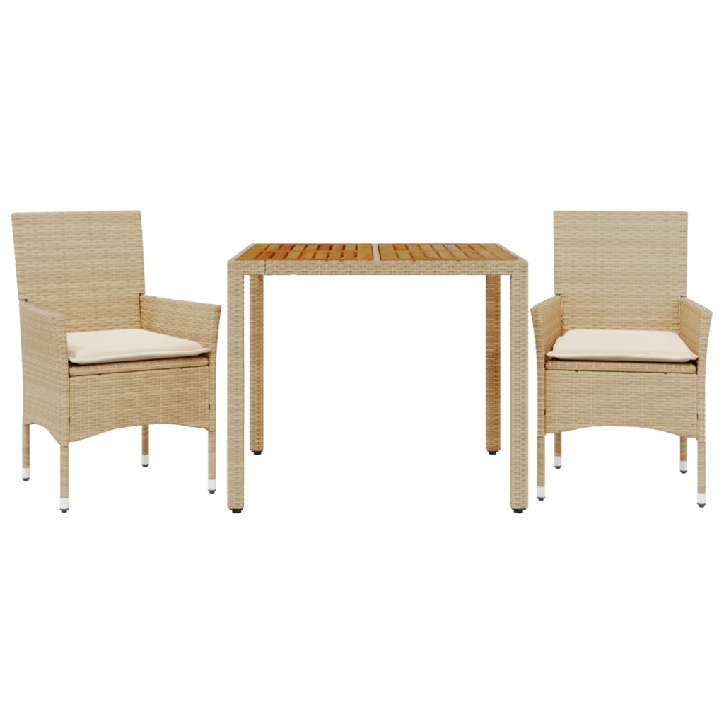 3-delige Tuinset met kussens poly rattan en acaciahout beige