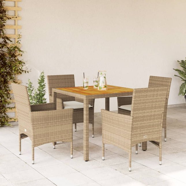 5-delige Tuinset met kussens poly rattan en acaciahout beige