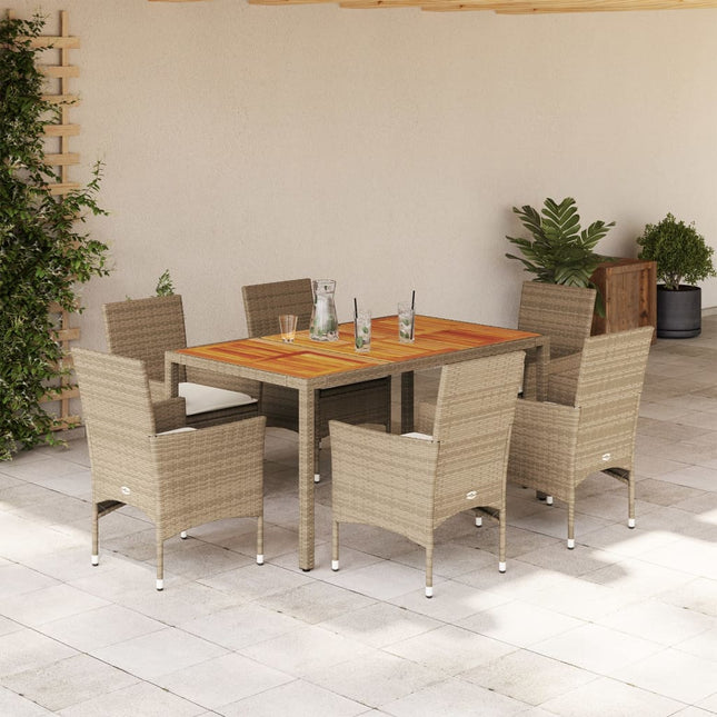 7-delige Tuinset met kussens poly rattan en acaciahout beige