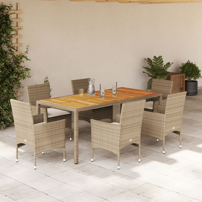 7-delige Tuinset met kussens poly rattan en acaciahout beige