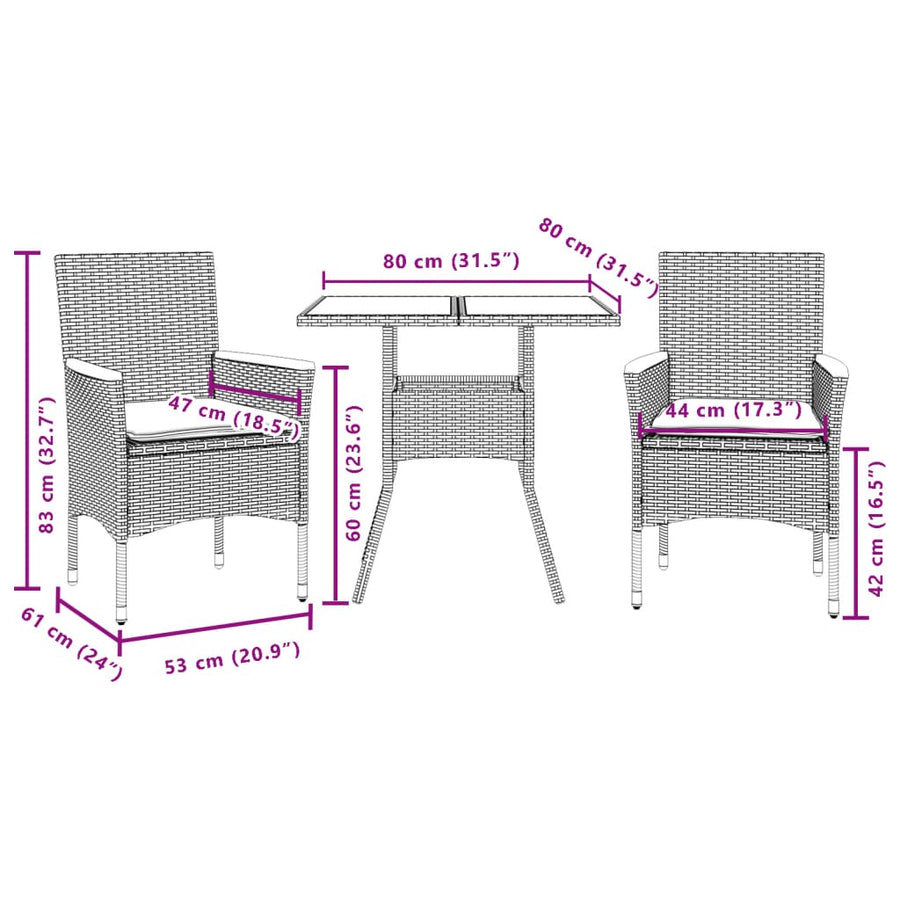 3-delige Tuinset met kussens poly rattan en acaciahout zwart