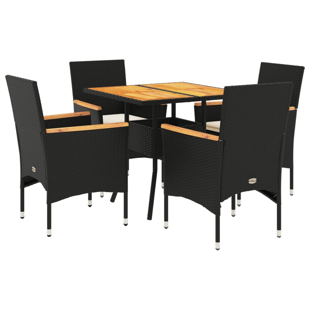 5-delige Loungeset met kussens poly rattan en acaciahout zwart