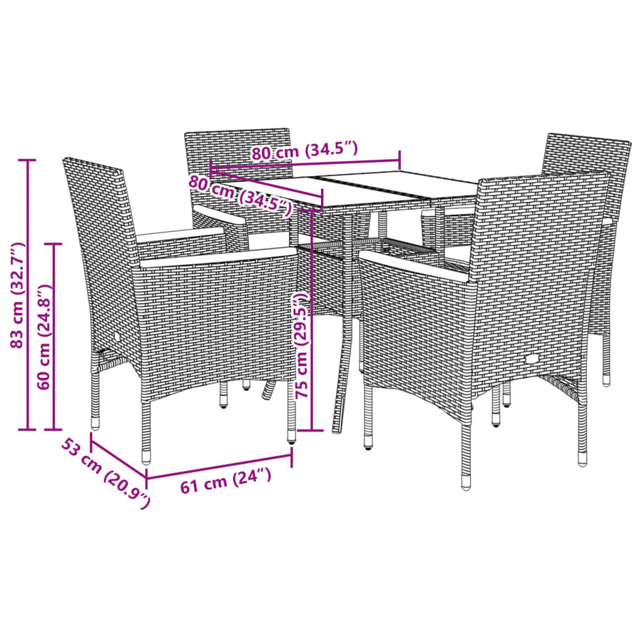 5-delige Loungeset met kussens poly rattan en acaciahout grijs