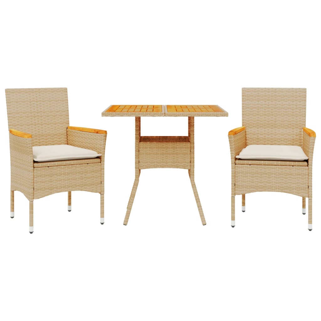 3-delige Tuinset met kussens poly rattan en acaciahout beige