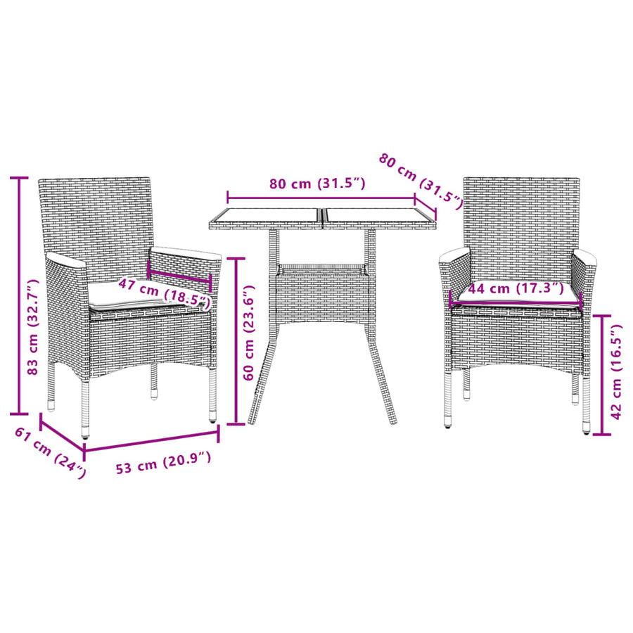 3-delige Tuinset met kussens poly rattan en acaciahout beige
