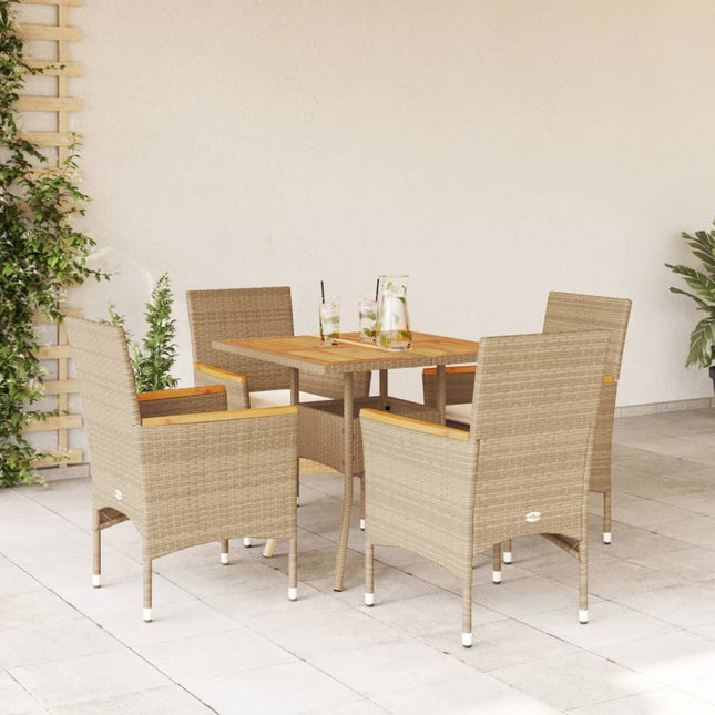 5-delige Tuinset met kussens poly rattan en acaciahout beige