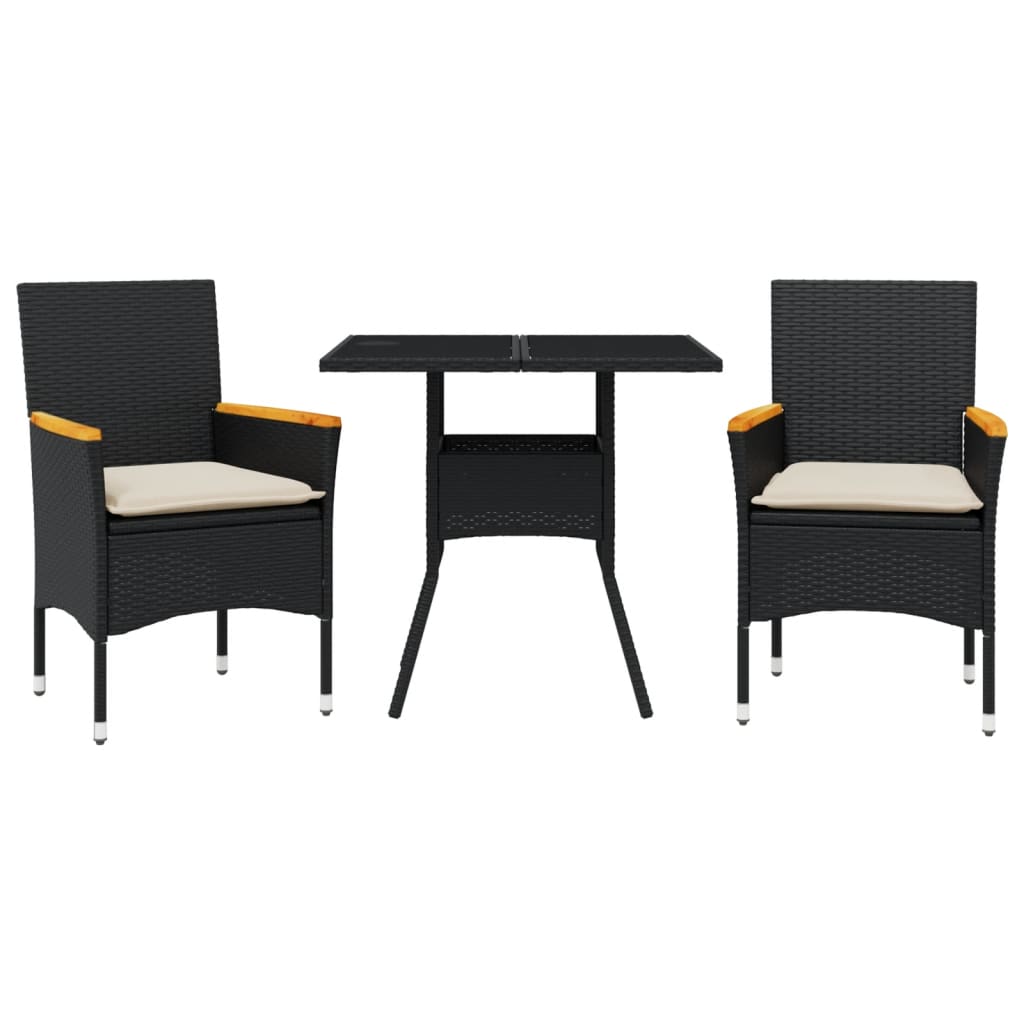 3-delige Tuinset met kussens poly rattan en glas zwart