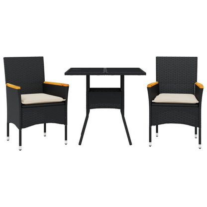 3-delige Tuinset met kussens poly rattan en glas zwart