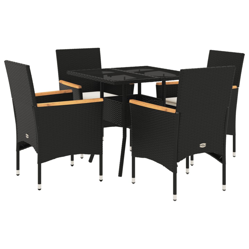 5-delige Tuinset met kussens poly rattan en glas zwart