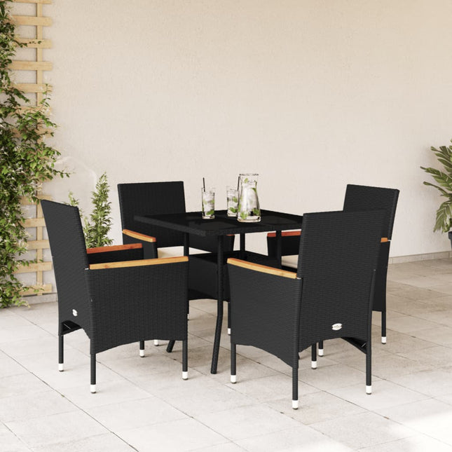 5-delige Tuinset met kussens poly rattan en glas zwart