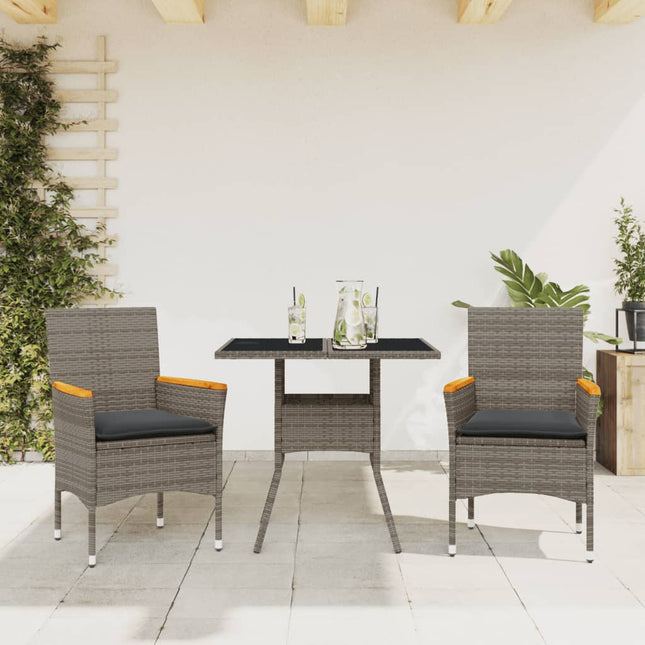 3-delige Tuinset met kussens poly rattan en glas grijs