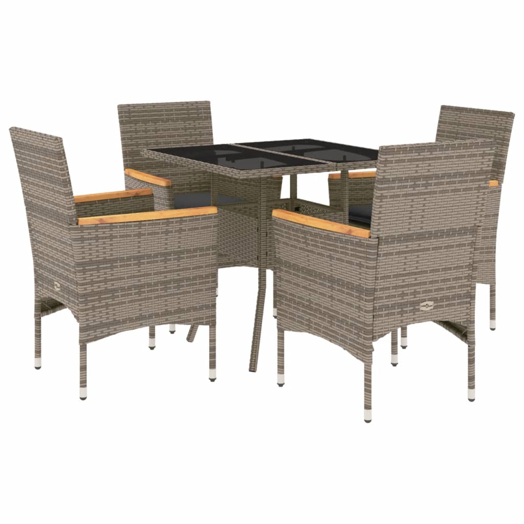5-delige Tuinset met kussens poly rattan en glas grijs