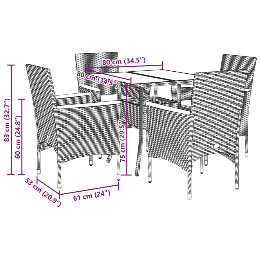 5-delige Tuinset met kussens poly rattan en glas grijs