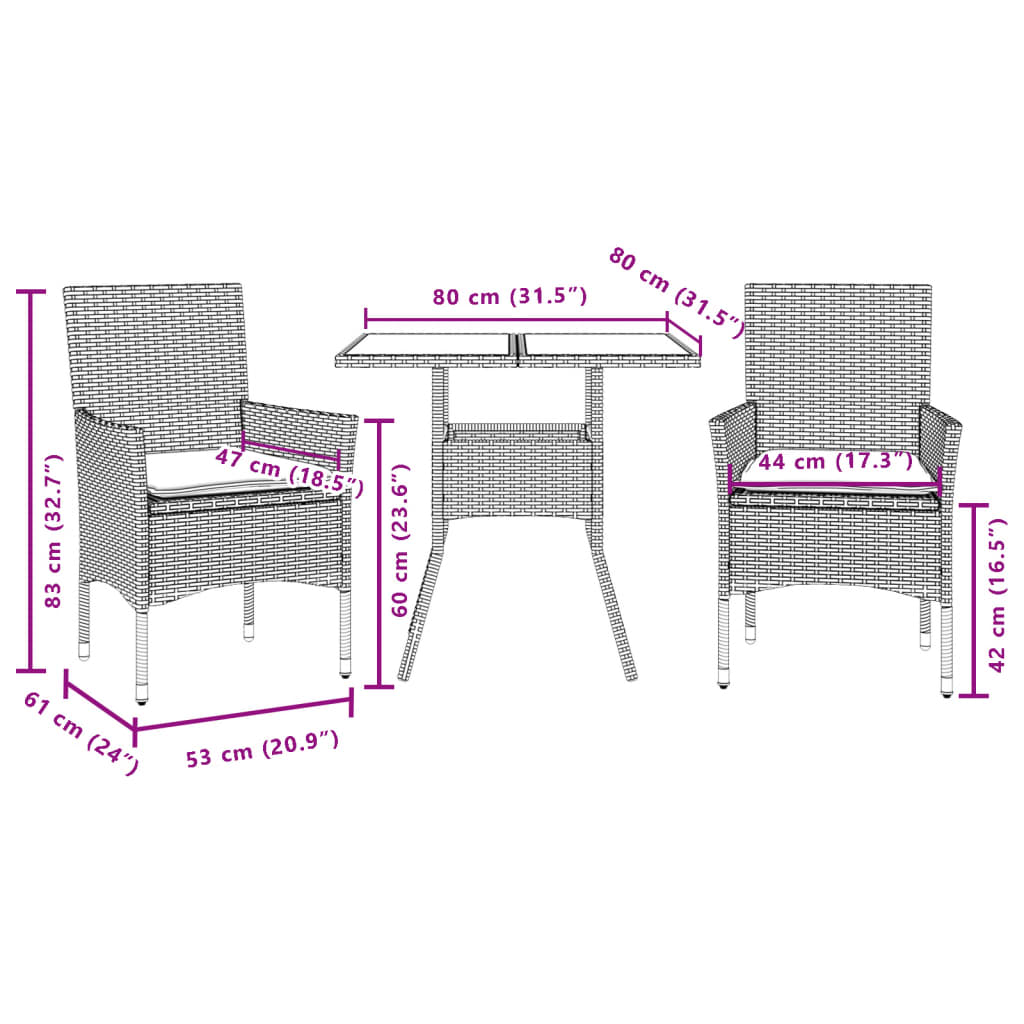 3-delige Tuinset met kussens poly rattan en acaciahout zwart