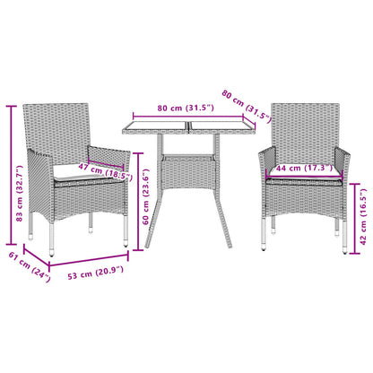 3-delige Tuinset met kussens poly rattan en acaciahout zwart