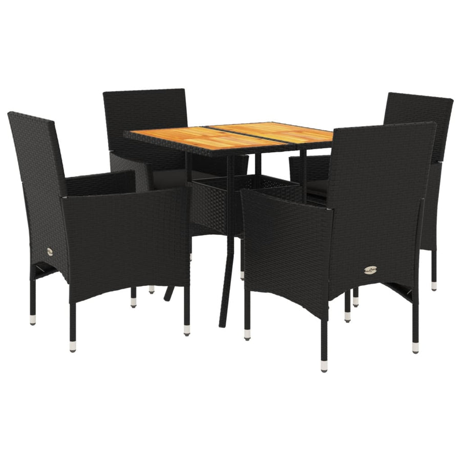 5-delige Loungeset met kussens poly rattan en acaciahout zwart