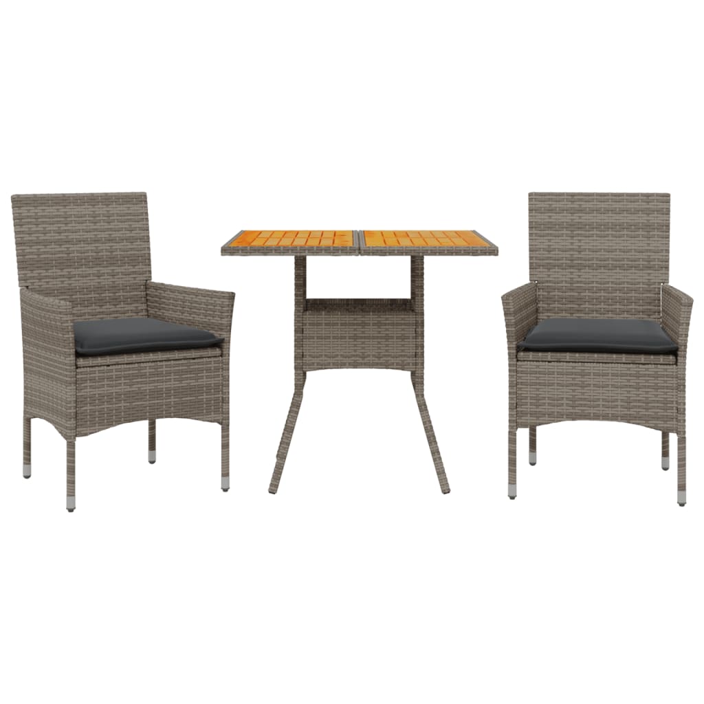 3-delige Tuinset met kussens poly rattan en acaciahout grijs