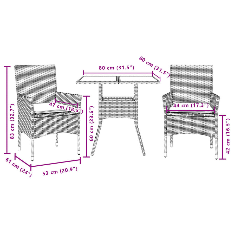 3-delige Tuinset met kussens poly rattan en acaciahout grijs