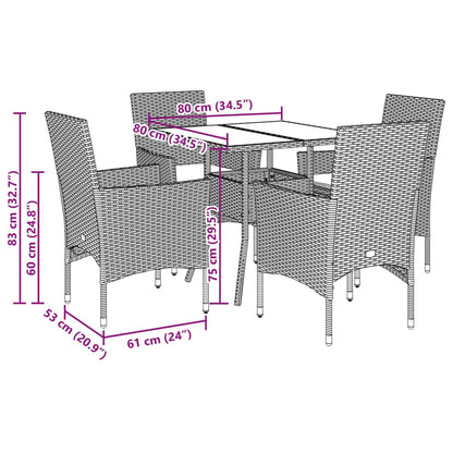 5-delige Loungeset met kussens poly rattan en acaciahout grijs