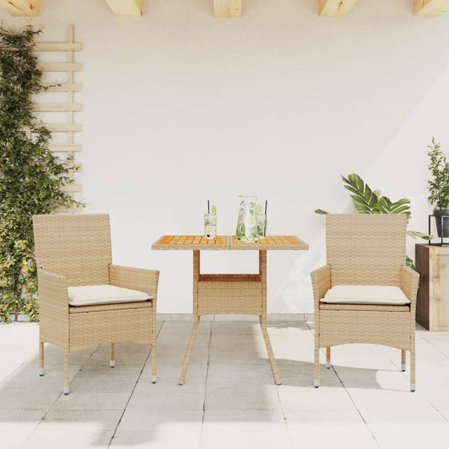 3-delige Tuinset met kussens poly rattan en acaciahout beige