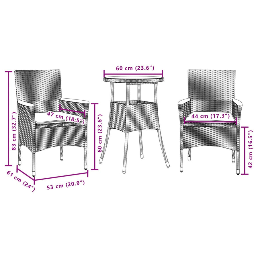 3-delige Tuinset met kussens poly rattan en acaciahout grijs